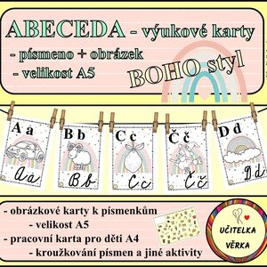 ABECEDA - výukové karty - písmeno + obrázek - velikost A5 - BOHO styl
