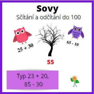 Sovy - sčítání a odčítání do 100, typ 15 + 20, 95 - 60