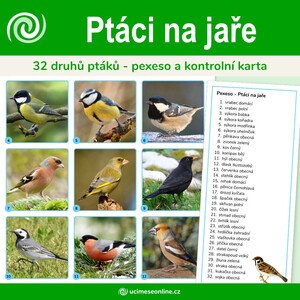 Ptáci na jaře - 32 druhů ptáků, pexeso a kontrolní karta