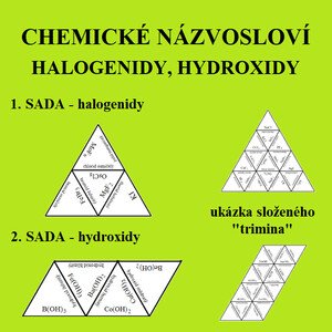 CHEMICKÉ NÁZVOSLOVÍ – HALOGENIDY, HYDROXIDY (trimino, 2 sady)