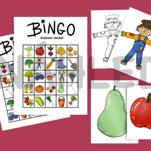 Podzimní sklizeň - bingo, vyšívací obrázky, omalovánka, ilustrace strašáka