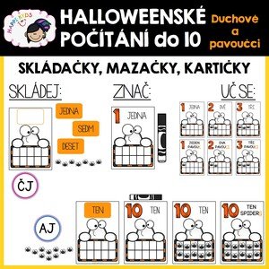 Halloweenské počítání do 10 - DUCHOVÉ a PAVOUČCI- flashcards, mazačky a skládačky