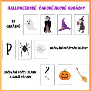 Halloweenské, čarodějnické demonstrační obrázky - určování počtu slabik, počáteční hlásky a další aktivity s nimi