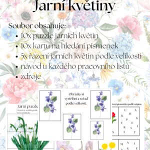 Jarní květiny - puzzle, hledání písmenek, řazení dle velikosti