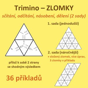Trimino – ZLOMKY – sčítání, odčítání, násobení, dělení, složený zlomek (2 sady)