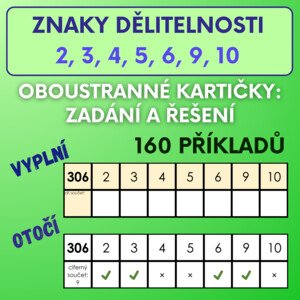 Znaky dělitelnosti 2, 3, 4, 5, 6, 9, 10 - oboustranné kartičky
