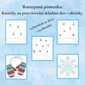 Rozsypaná písmenka: Kartičky na procvičování skládání zimních slov + obrázky