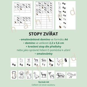 Stopy zvířat - omalovánkové domino (A4 + 2,2 x 5,6 cm), kreslení dle předlohy, omalovánky zvířat